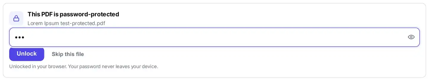 Password entered in the inline Sign PDF unlock field